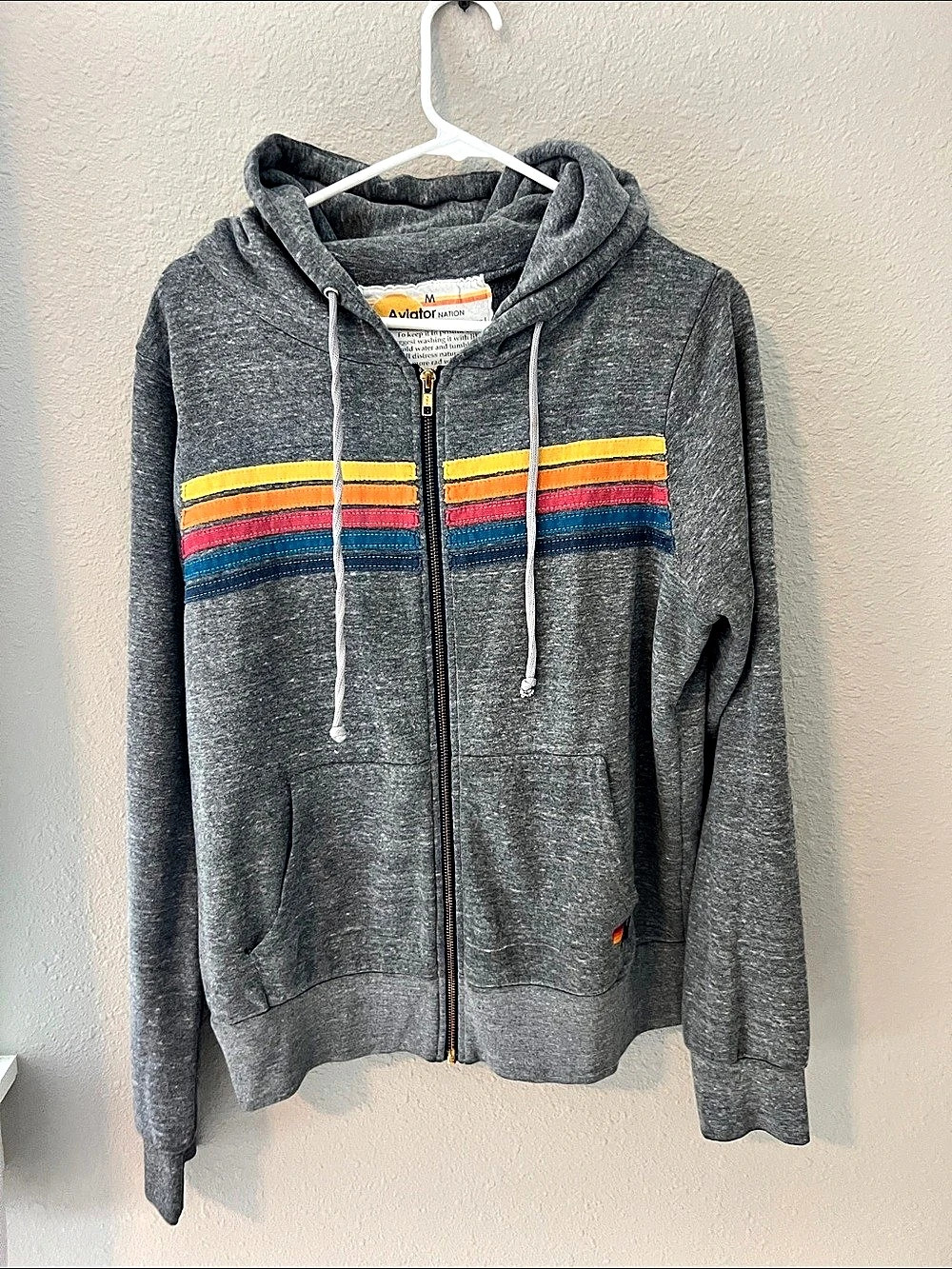 Aviator Nation 5 Stripe Zip Hoodie Gray & Multicolor Medium